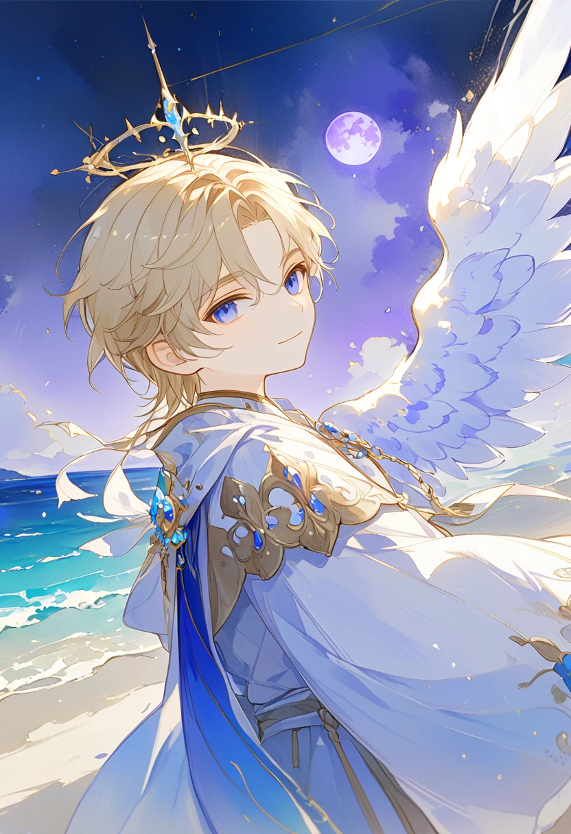 watercolor profile , A young angel man, Straight blonde hair,  blue eyes ,  white wings, Prince clothes , Medieval fantasy,  located in the lower right corner , low contrast watercolor , soft line ,  young man with a beautiful face , friendly, kind smile, cute,  extreme beauty , soft features, ethereal,  blue eyes , Blue eyes, Sitting on the beach by the sea,  observing a huge purple moon,  In the Starry Night 