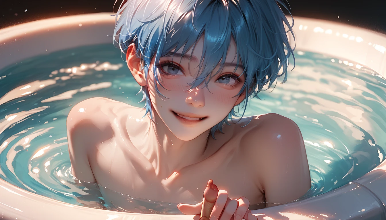 a chinese femboy is naked in a jacuzzi, he show his small hairless penis. He has a very skinny body and looking youger than is age 13, he is completely hairless, slim , looking shy but happy, blue short hair, cute face, sexy pose, stunning realistic details