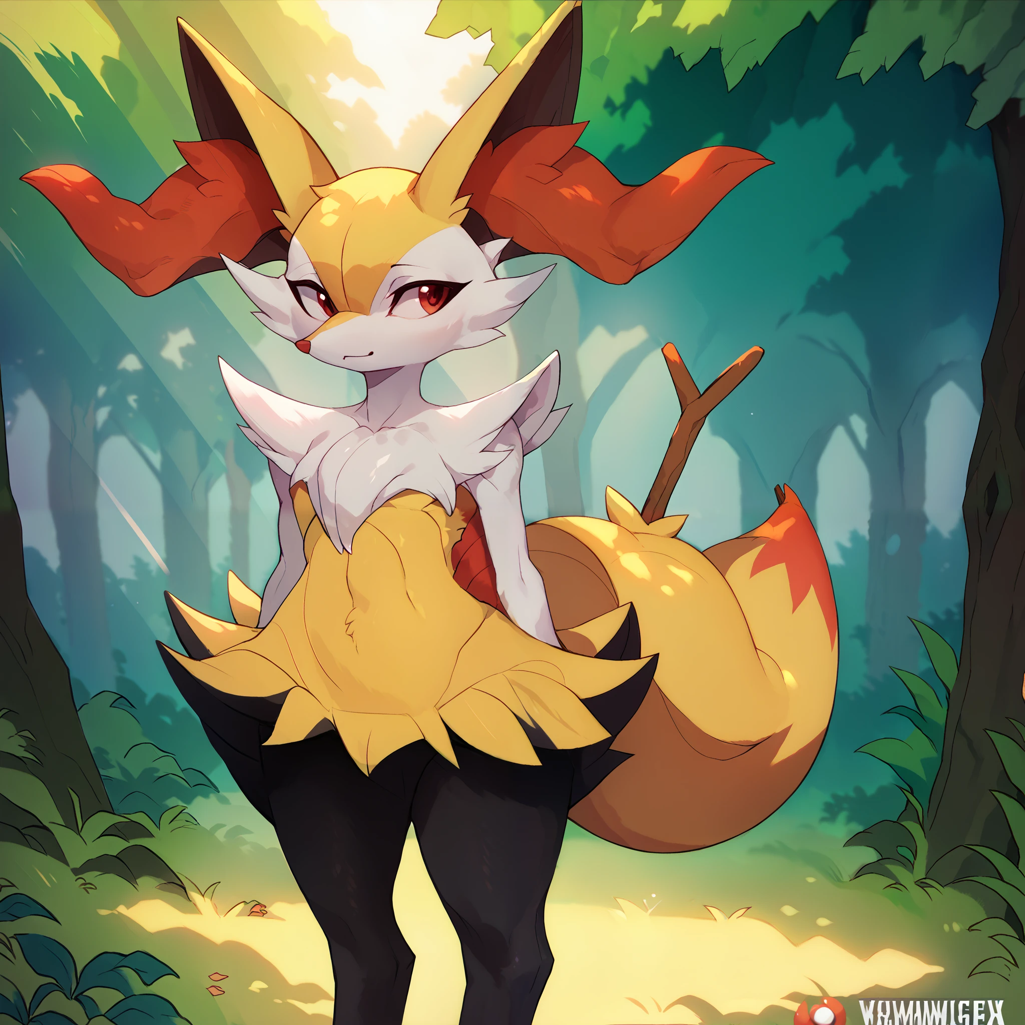 Braixen, Pokémon, feral, whole body, standing two paws, Solo, witch circle in forest, high ground, morning, small tail,