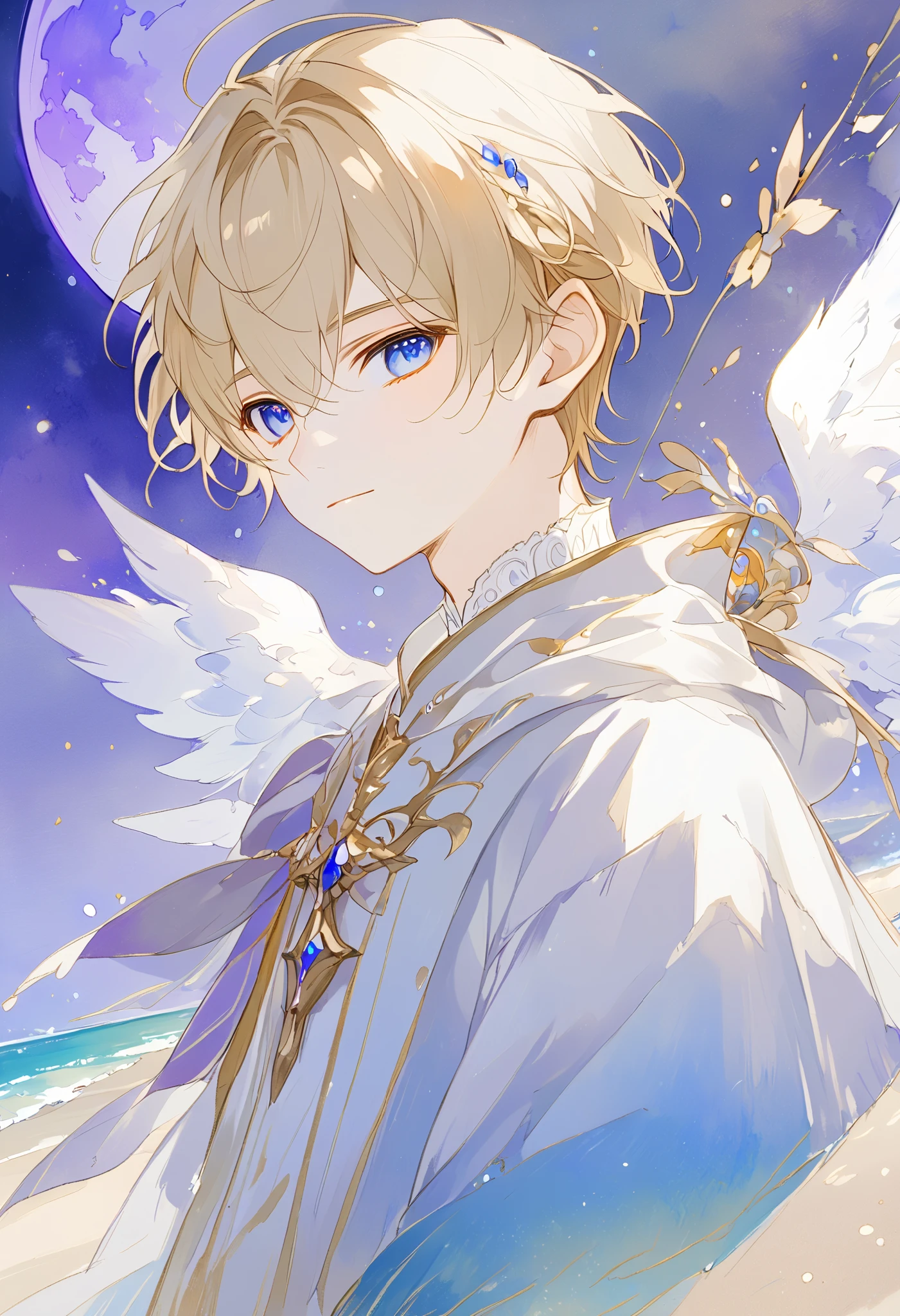 watercolor profile , A single young angel man, Straight blonde hair,  blue eyes ,  white wings, Prince clothes , Medieval fantasy,  located in the lower right corner , low contrast watercolor , soft line ,  young man with a beautiful face , friendly, kind smile, cute,  extreme beauty , soft features, ethereal,  blue eyes , Blue eyes, Sitting on the beach by the sea,  observing a huge purple moon,  In the Starry Night 