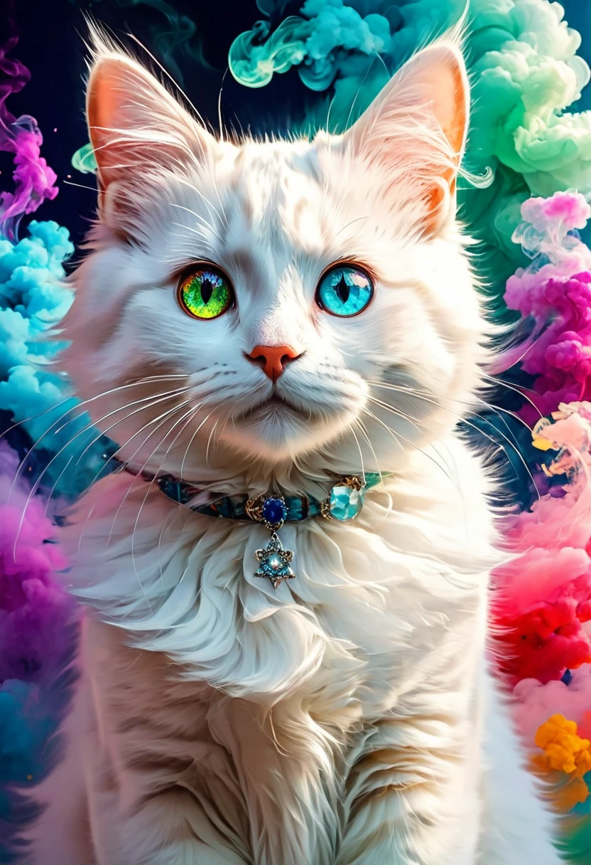 (((masterpiece))), ((Very detailed)), Cute abstract style, cigarette, In the sky, Colorful and vibrant, Mysterious colors, modern impressionism, Portrait of Yanjun Chen, Rainbow Perspective ,Low - Angle, Expanding Swirling Configuration, Big beautiful crystal eyes, Big Iris, 超High resolution, High resolution, 8k, The most beautiful portraits in the world, White little cat, Non-expressive, Color and shape, emotional expression, Imaginative