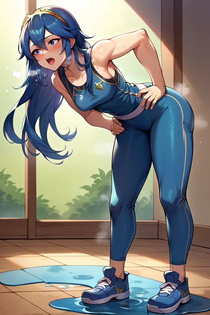 score_9, score_8_up, score_7_up, score_6_up, source_anime BREAK 1girl,  Lucina, dark blue tanktop, blue yoga pants, blue shoes, hands on hips, open mouth, out of breath, sweaty, sexy, exhuasted, steam coming out of her mouth, full body, puddle of sweat, sexy af