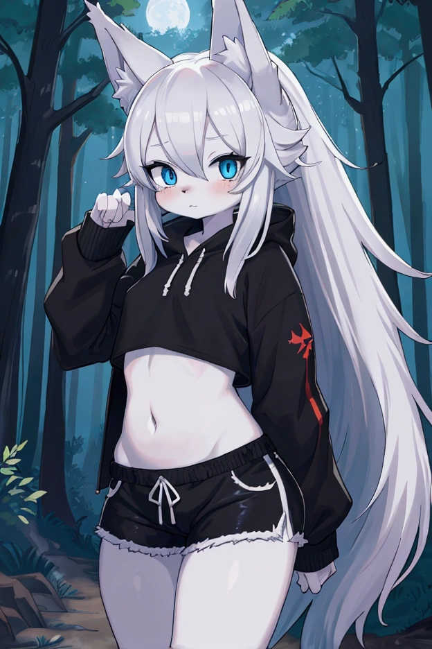  Anime-style anthropomorphic she-wolf looks like, wolf face,  white fluffy body , tall body,  long black disheveled hair ,  hair loose , the stomach is flat , navel beautiful hair covers one eye,  blue eyes , White wolf ears , ,  clothes : cropped sports top ,  black shorts,  hands behind your back duration ,  outdoors , scared, In the forest, Night