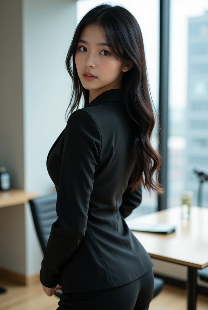  real、OL、 Japanese、20th Generation、 Big Breasts 、 cute face、 long black hair、Inside the office、 taken from behind、 in a suit