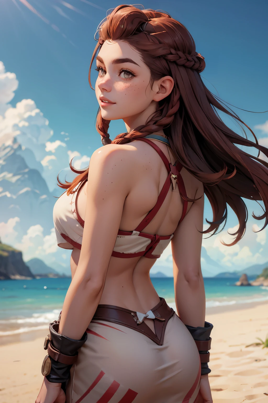 AloyHorizon, Alone,  long hair, smile,  brown hair , hair ornament, navel,  brown eyes , arm , Braid,  outdoor, parted lips, sky, is, isfragma,  red hair , from behind, armdura, blue sky, lips,  looking away ,  thick eyebrows , shoulder armdura, freckles,  showing big ass , semi-nu.
