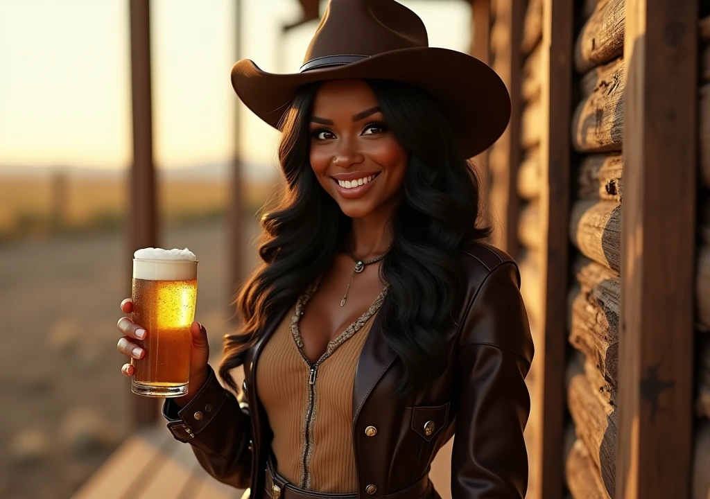 Melhor qualidade, 8k, mulher,black skin, lindo,big eyelashes, looking to observer, little smile, rabbit ears tiara, cleavage,gold leotard over white shiny nylon bodystocking, holding a beer can, florish forest scenario