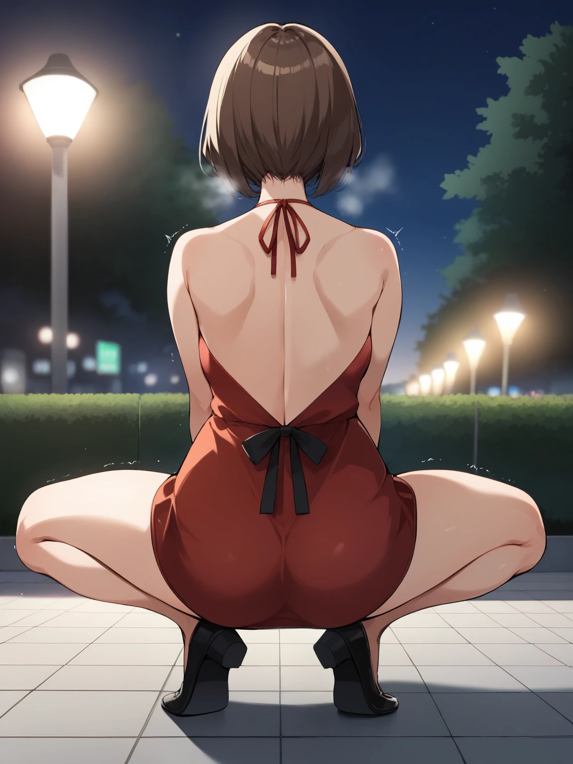  score_9,   score_8_up,   score_7_up,   score_6_up,  source_Anime BREAK，nsfw，  top quality ，beautiful,  anime drawing, woman,  wearing a black surgical mask,  brown hair , 
 squat，upヘア, Red Halter Neck Dress with Open Back ,   Details, night, Lights out,
 yellow liquid with steam gushing up nearby,  blanking witnessed, Park,
 back view, Look Behind, Bare back,  Wall Mounted Outdoor Urinal Trembling at Climax ，
