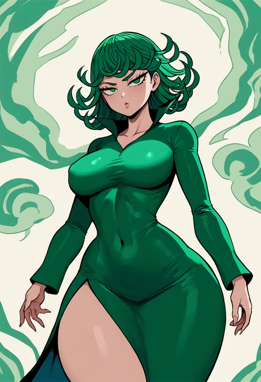  character : taksumaki, anime:one punch man,Clothes: the super tight green dress , style: one punch man,  Body:  with big curves and big boobs, Clothes rasgada