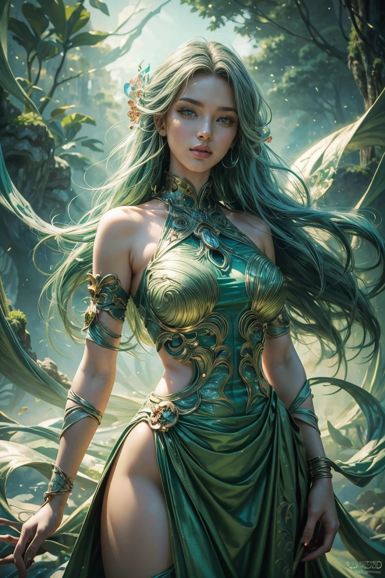 A mesmerizing 8K photo-realistic image of a woman wearing an entrancing green dress, which seamlessly blends with the vibrant and surreal background. The woman's captivating gaze and delicate, flowing hair beckon the viewer into a whimsical realm of vivid colors and soft brushstrokes. The 3D render and cinematic quality of the image create an incredibly detailed and immersive experience, while the fusion of painting and portrait photography results in a captivating and thought-provoking masterpiece. This surreal piece is a breathtaking testament to the harmonious marriage of art forms, inviting the viewer to lose themselves in the dreamlike world that it so masterfully portrays., cinematic, photo, 3d render. Created by Sasan