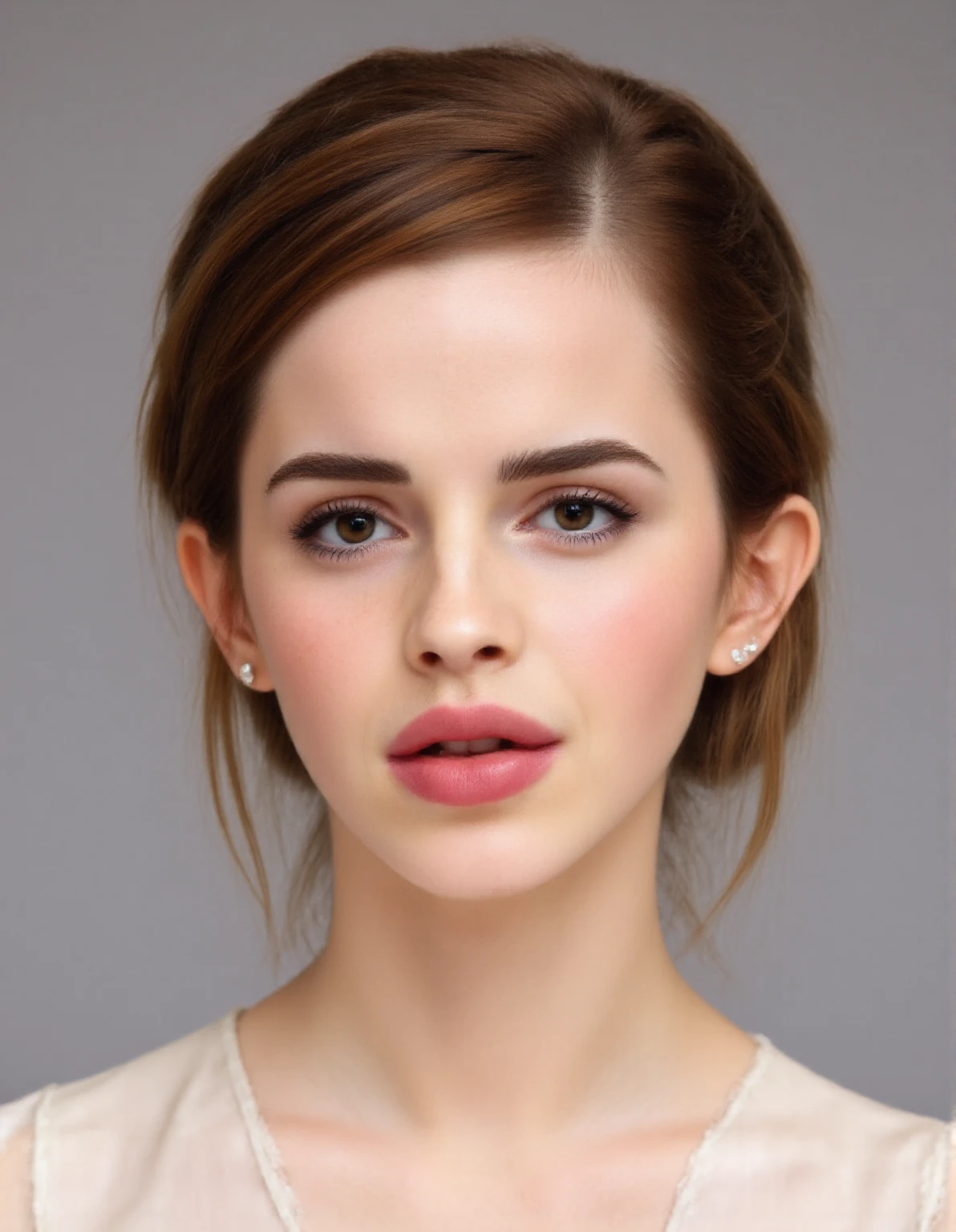 image of a woman with a white dress and earrings, portrait photo of emma watson, face of emma watson, huge bimbo lips, thick lips, large mouth, pouting