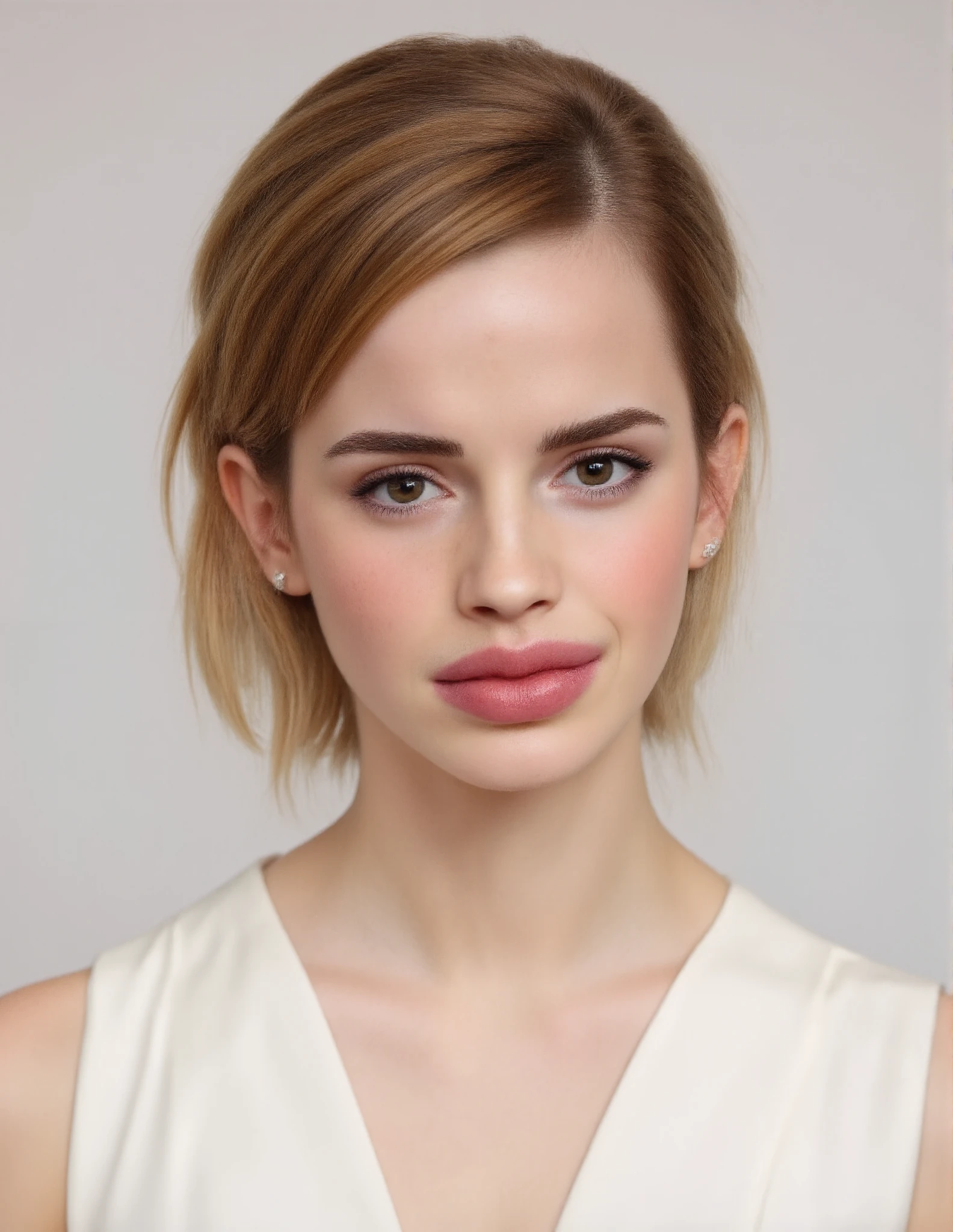 image of a woman with a white dress and earrings, portrait photo of emma watson, face of emma watson, huge bimbo lips, thick lips, large mouth