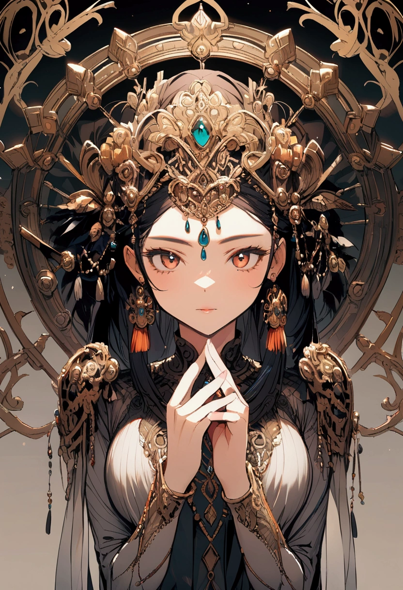 This is an artistic digital illustration portraying the bust of a female figure with cybernetic enhancements and an elaborate mechanical headdress. The figure's facial expression is passive yet intense, with striking red eyes and blue makeup accentuating her features against the contrasting cool metallic tones of the machinery. Rich in detail, the artwork blends organic and mechanical aesthetics, combining smooth human skin with intricate gears, wires, and dripping.
