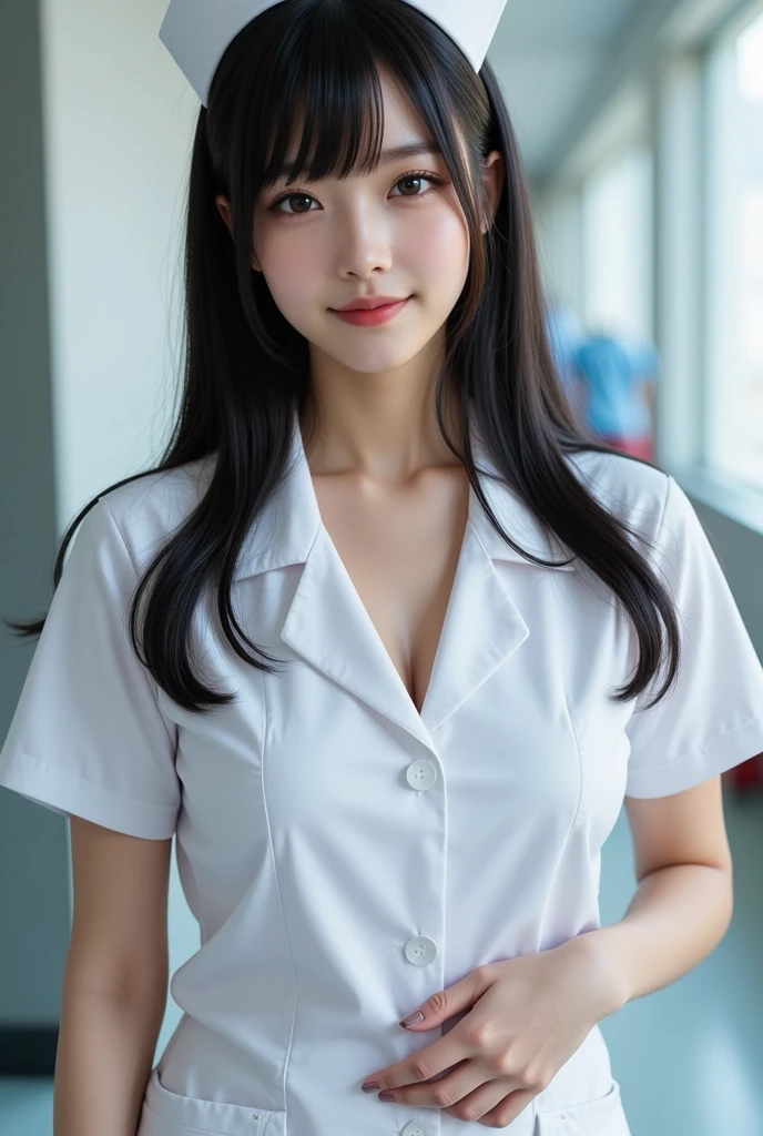  real、nurse、 Japanese、20th Generation、 Big Breasts 、 cute face、 long black hair、Inside the hospital、 taken from behind、Nurse uniform