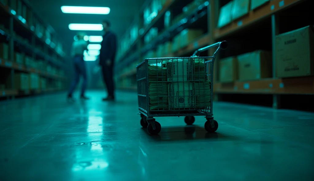 An extreme close-up focuses on the sleek wheels of the silver cart rolling smoothly over the polished concrete floor. The edges of the cart reflect the cyan lighting, while faint motion blur emphasizes its movement. Stacks of cash, neatly banded, dominate the frame, with the blurred figures of the platinum blonde and chestnut-haired models visible in the background. Shelves filled with weapon racks and cardboard boxes line the walls, creating an ominous and moody ambiance.