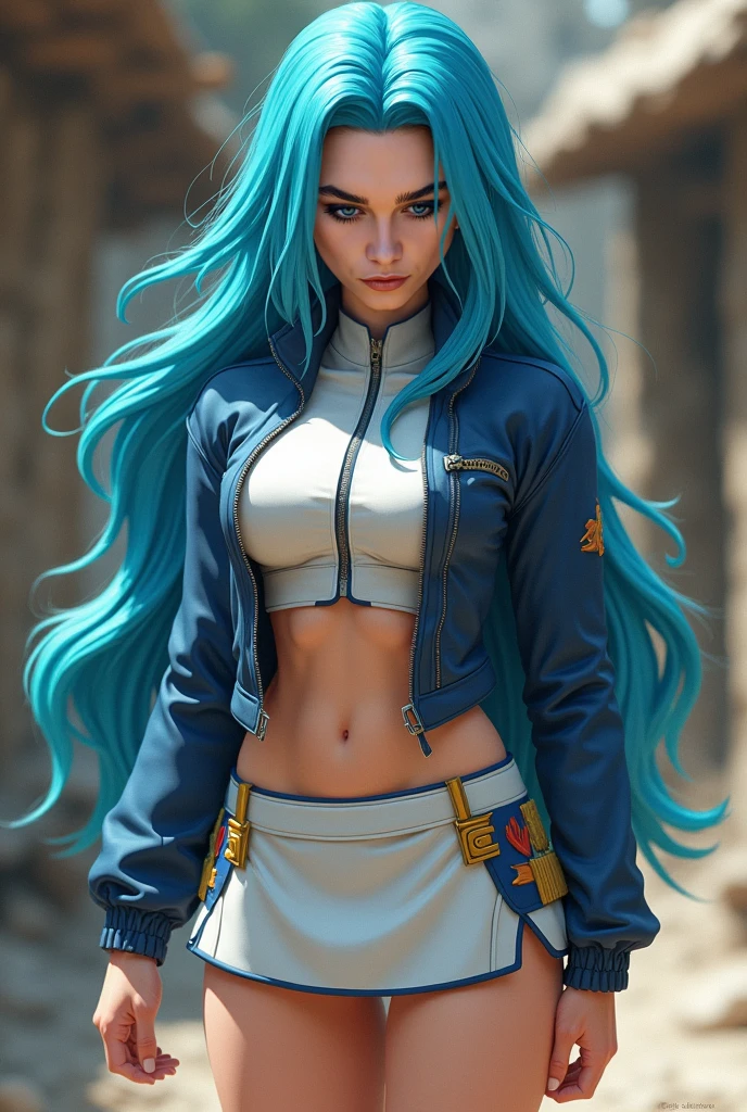 3D image, woman wearing a sapphire blue top and jeans black with gold, golden box briefs with white, (20 years), bright blue eyes, black hair with white locks with ponytail, hyper-realistic, 4k, masterpiece, beautiful, facing the viewer, full body levitating, ((white skin)), neckline, maximum details.