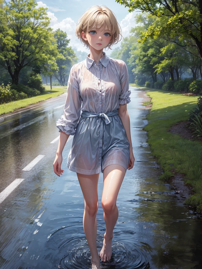 Masterpiece, a half body shot of a beautiful european Danish girl crying in a countryside road, rainy, trees around the road, walking, wet shirt, soaked clothes, wet hair, short pixie hair, light blond hair, blue eyes, runners skinny body, pale skin, ((small perky breasts, exposed breatsts)), 16K, ultra high resolution photorealistic, UHD, RAW, DSLR, sharp focus, natural lighting