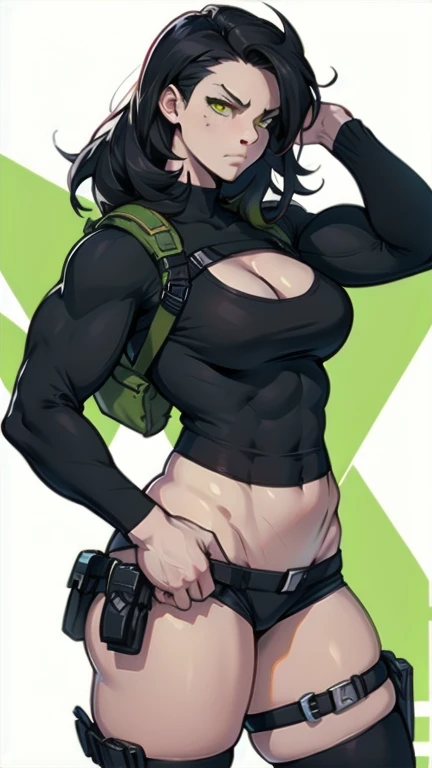 girl solo standing (((muscular girl toned body large breasts thick))) yellow eyes black hair pale skin perfect anatomy perfect anatomy perfect anatomy best quality best quality