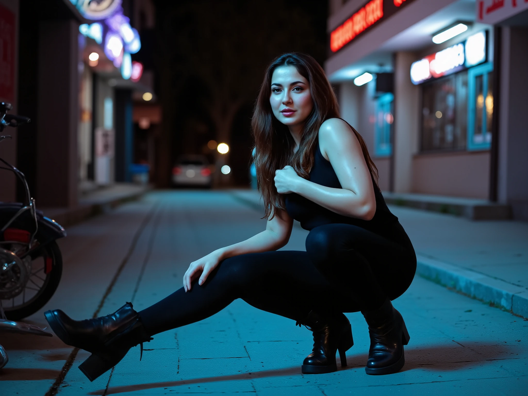 Hania Amir from Pakistan, award-winning masterpiece, gritty raw street photography, plain clean earthy female hacker, leggings, black boots, matrix punk clothing, squatting, with neon lighting from shops, high-quality, super-detailed, dramatic lighting, soft shadows, rich textures, moody atmosphere