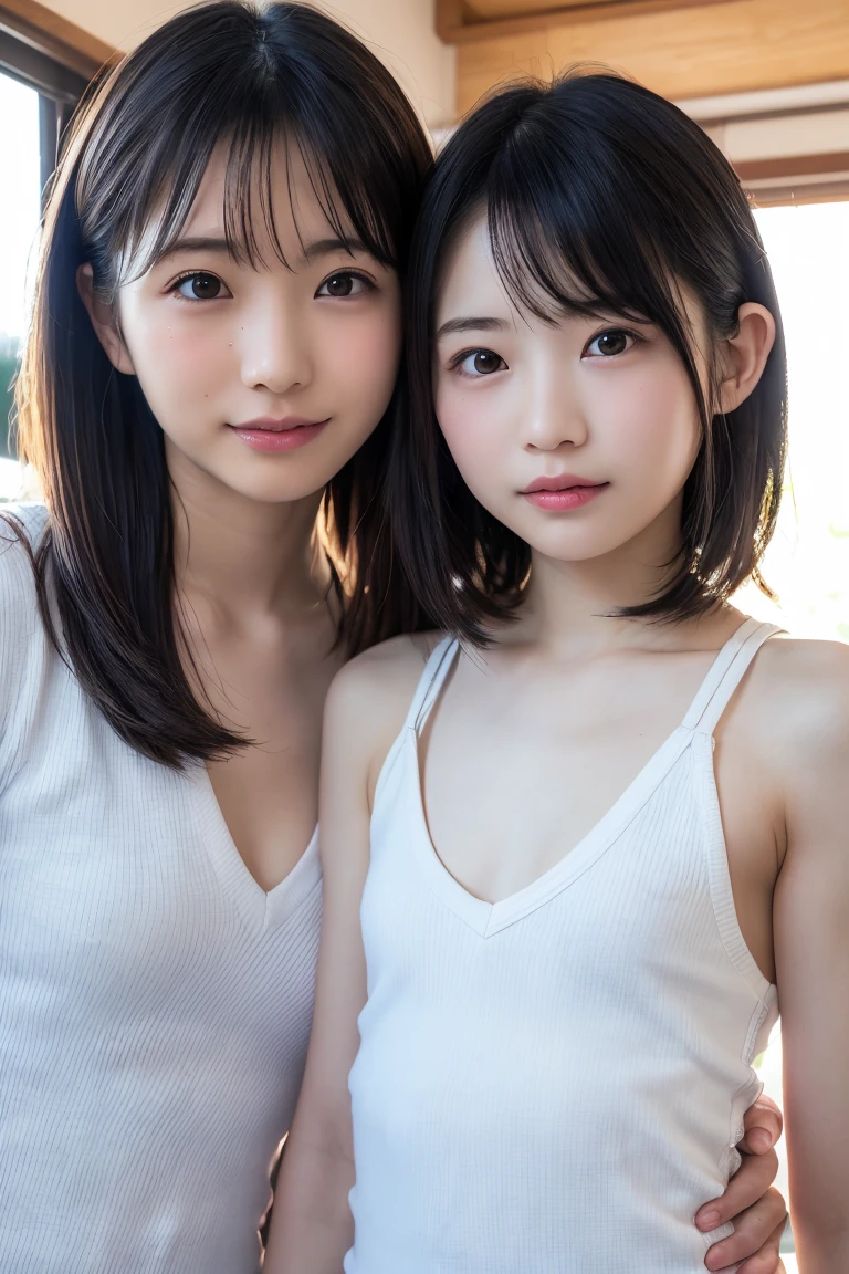 pieces fly, highest quality, ((highest quality、8K、masterpiece:1.3))、ultra high resolution、Physically based rendering、(realistic：1.37)、完璧な体の美しいtwo women:1.4、slim abdomen:1.2、Highly detailed face and skin texture、 red cheeks、white skin、thin waist,thin legs、highest quality,Super detailed,masterpiece,very beautiful 12 year old girl, (cute:1.2),perfect shiny skin,perfect skin,((Accurate hand without discomfort)), big smile, (brown hair),(short bob hair),(((upper body nude)))、(((full nude)))、((I can see your ))、(((lower body nude)))、(((I can see pubic hair)))、((spa))、((wet body))、(((Cheb is visible)))、necklace、(((two women)))、(((Two girls who are good friends)))、(((A woman touches her breasts from behind)))