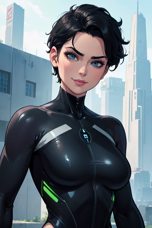 (art, Best quality, absurd, 4K, aesthetics,detailed face, perfect eyes, perfect face, detailed, complex, Perfect lighting) 1 girl with fair skin, short shaved dark hair, wears all black futuristic bodysuit, queen of an alien race, warrior, gentle smile