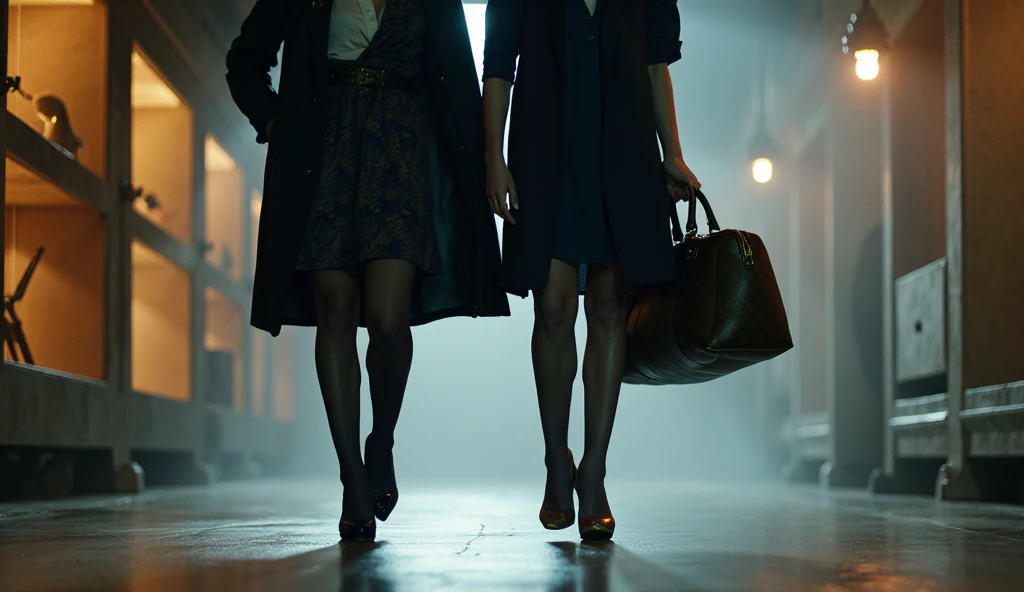 A close-up captures the models’ legs as they walk confidently through the underground hallway. The platinum blonde model’s glossy navy stiletto heels and sheer lace-top navy stockings dominate the frame, while the polished black leather of the **Louis Vuitton Keepall Bandoulière 55 duffle bag** swings slightly at her side. The chestnut-haired model’s matching outfit adds symmetry, her heels clicking softly on the polished floor. The glowing steel shelves and swirling mist in the blurred background enhance the cinematic tension.