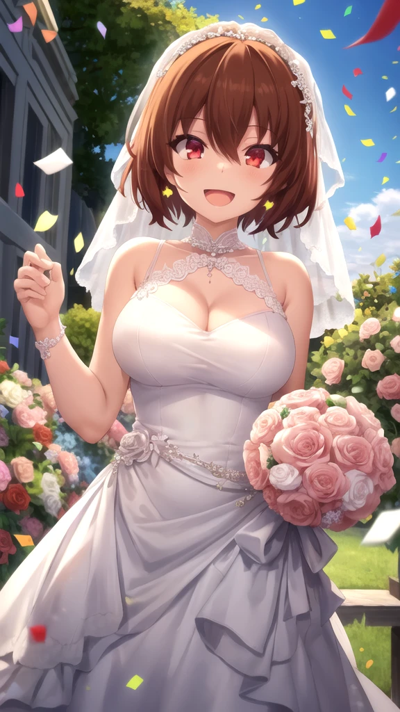 masterpiece, best quality, high quality, girl, solo, looking at viewer, keyaru_kaifuku_jutsushi, brown hair, red eyes, hair between eyes, large breasts, wedding Dress, standing, garden, confetti, holding bouquet, smile, open mouth,