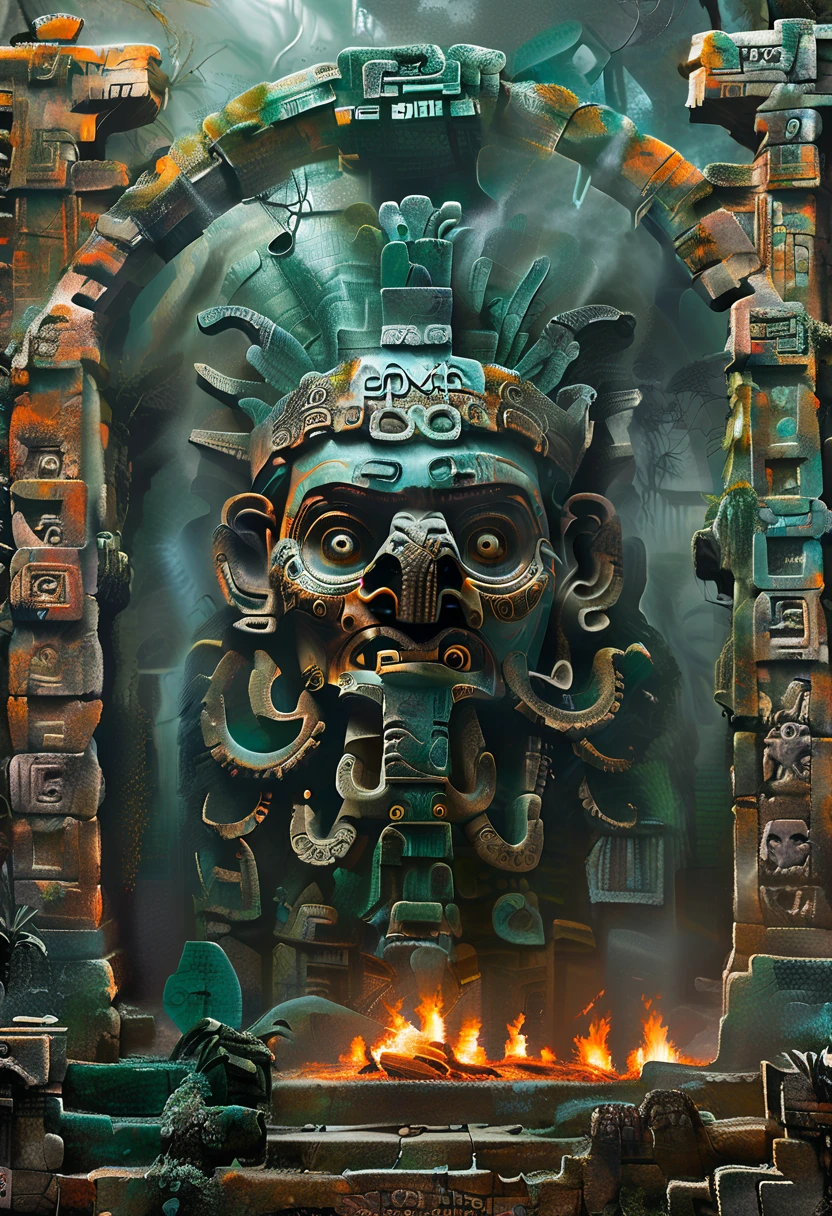 Aztec style monument, geometric shapes, portal within a circuit in the monument, tentacular horror threatens to emerge from the portal, Lovecraftian style, fire fairies flying around the monument, in the middle of some Aztec ruins, super detailed style, detailed landscape in some ruins in the Yucatan jungle, realistic style, natural colors, natural textures, analog photography grain, intricate details,