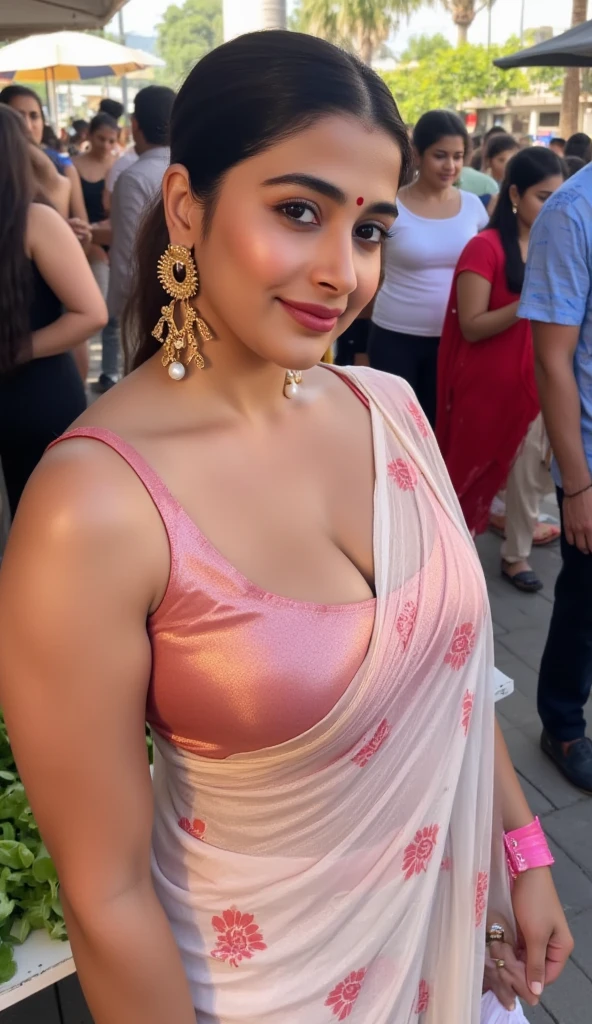 Indian beautiful woman sexy bhabhi, Sleeveless blouse,very deep cleavage,curvy plus size model wearing transparent white pink floral color saree ,Copper satin glossy sleeveless blouse, plenty pink bangles in hand,bindi on fore head,facing to camera in standing in a crowded market with a bag full of vegetables,with her curvy legs,curvy plus size figure,big large m-cup breasts, deep cleavage, huge breasts, side bun hairstyle, bright eyes, thin eyebrows, fair skin, blushing cheeks, prefect ,head to thighs view, head to thigh view, bright sunlight,1girl, solo, flirt, seduce pose, pleasure expression, languid breathing,1girl, Solo, High Resolution, Long Hair, Breasts, Looking at viewer, Blush, Smile, High Resolution, Masterpiece, Accurate, Anatomically Correct, Award Winning, Best Quality, Detail, HD, High Details, High Quality, Quality, Retina, Super Detailed, Textured Skin, UHD, Long Hair, Breasts, Large breasts, Earrings, Blush, Smile, Blurry, Sparkle, Depth Of Field, Motion Lines, Foreshortening, Lens Flare, Backlighting, Emphasis Lines, Motion Blur, Silhouette, Speed Lines, Bokeh, Film Grain, Drop Shadow, Diffraction Spikes, Bloom, Caustics, Vignetting, Scanlines, Overexposure, Optical Illusion, Chiaroscuro, Image Fill, Chromatic Aberration Abuse, Cinematic Lighting, God Rays, Glowing Light, Halftone, Abstract, Ukiyo-e, Minimalism, Impressionism, Minimalism, Illustration, Art Deco, 8K Octane, 3D Rendering, Abstractionism, Abstract Expressionism, American Propaganda Poster, Anime Style, Apocalypse, Art Nouveau, Baroque, Artistic, Baroque, Behance, Blind Box Toy Style, 