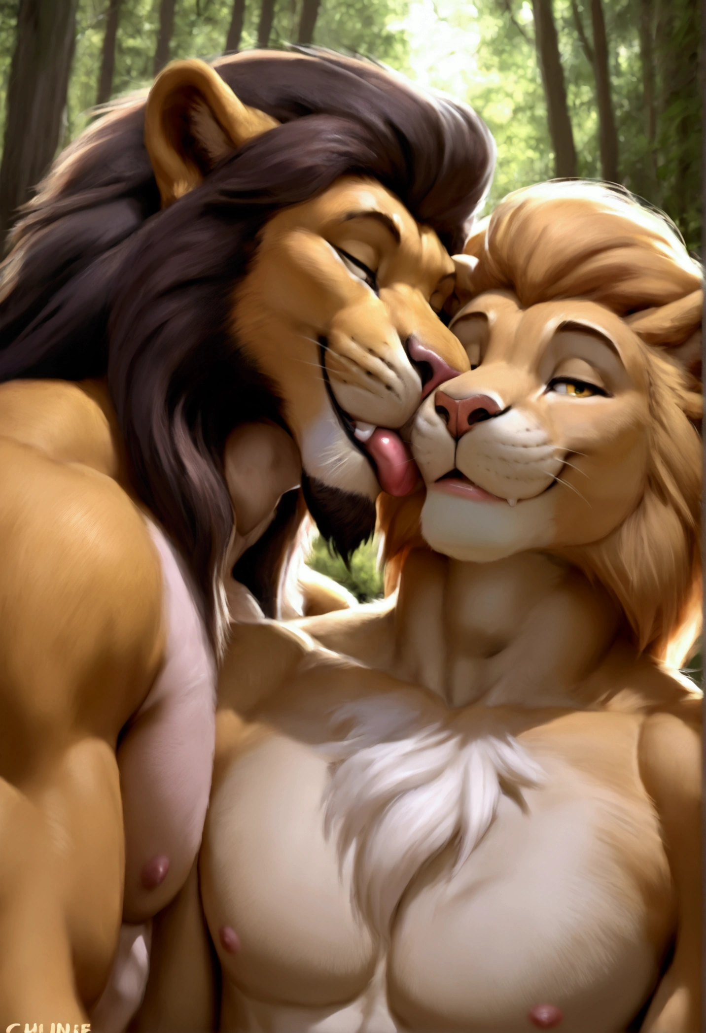 4k, high resolution, best quality, perfect colors, perfect shadows, perfect lighting, posted on e621, furry body, medium full shot, anthro male, lion, colored fur, fluffy fur, yellow eyes, lean body, anthropomorphic lion, femboy, muscle, bara,  ,male, anthropomorphic, body, smile, skinny, runners physique, ultra realistic, closeup, chest and arms only, upper body only, mouth closed, facing viewer, forest, no shirt, eyes opened, looking at viewer
(anatomically correct tail, detailed fingers, male, (middle-aged, mature:1.2), (skinny, average body), correct anatomy, (photo fur, detailed fur, epic, masterpiece:1.2), (big modern background), Dustin from Amorous, Amorous (Dustin), sexy, kissing, kissing with boy, male x male, gay, hot kisses, very hot, mouth on mouth, kissing mouth on mouth, Franch kiss, gay kiss,