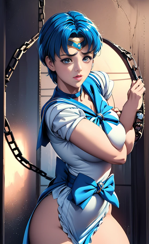 Beauty,  very cute face ,  excellent proportions ,  Max Image,   masterpiece  , 8k,  gentle expression ( Sailor Mercury,  attention to detail, delicate details) Full body shot of a man bound in a hexagonal knot with chains.