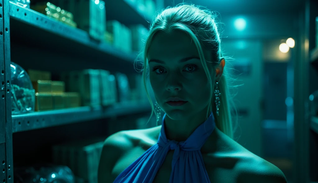 A close-up captures the platinum blonde model’s face as she steps into the vault room, her piercing gaze scanning the shelves ahead. Her fair skin glows faintly under the cyan backlighting, while her cobalt satin halter crop top’s high neckline and smooth satin texture catch the dim overhead light. Her high ponytail cascades neatly over her shoulder, swaying slightly as she moves. The reflective steel shelves, stacked with glinting gold bars, bundles of cash, and neatly packed bags of weed, frame her in the blurred background, adding depth and luxury to the moody shot.