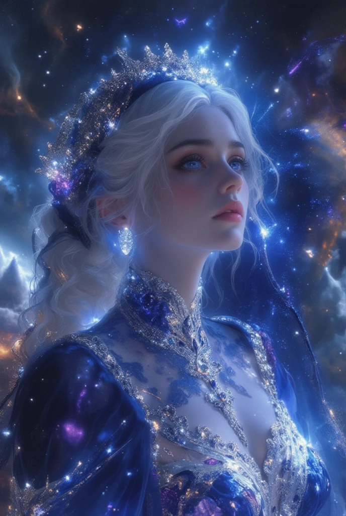  A 19-year-old European and Russian woman ,  with pure white hair like the snow that falls in waves, laegi ,  heavenly eyes ,  Pale and luminous skin . She wears a dark blue Arabian style dress with diamonds embedded in colors simulating a galaxy in the dress and a matching veil, she is in the middle of a galaxy floating among the stars that illuminate her, she looks ethereal, bright and dazzling like a goddess of the sky, quality hd 4k masterpiece, is looking ahead. . 