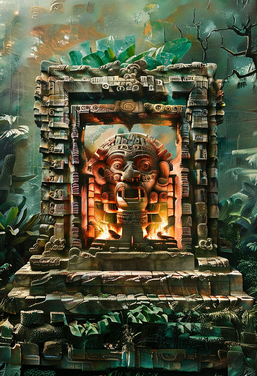 Aztec style monument, geometric shapes, portal within a circuit in the monument, tentacular horror threatens to emerge from the portal, Lovecraftian style, fire fairies flying around the monument, in the middle of some Aztec ruins, super detailed style, detailed landscape in some ruins in the Yucatan jungle, realistic style, natural colors, natural textures, analog photography grain, intricate details,