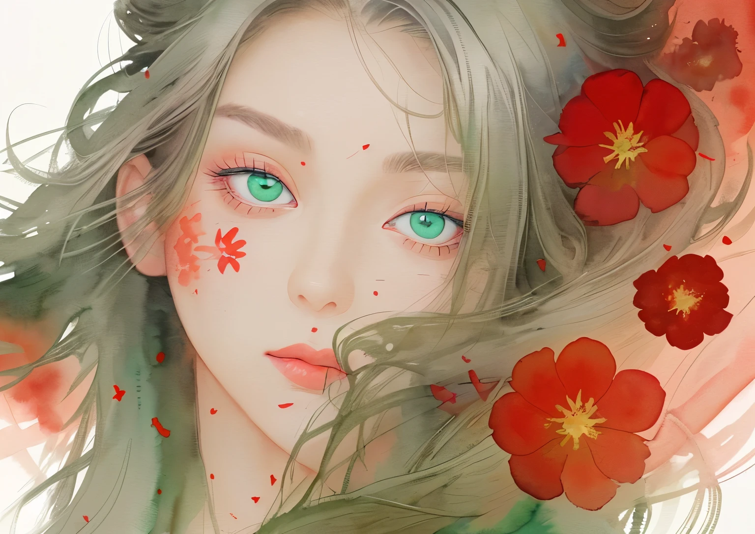 The hair is gray 、Green eyes、Clothes are brown、Flowers are red 、The background is strewn with paint、Watercolor