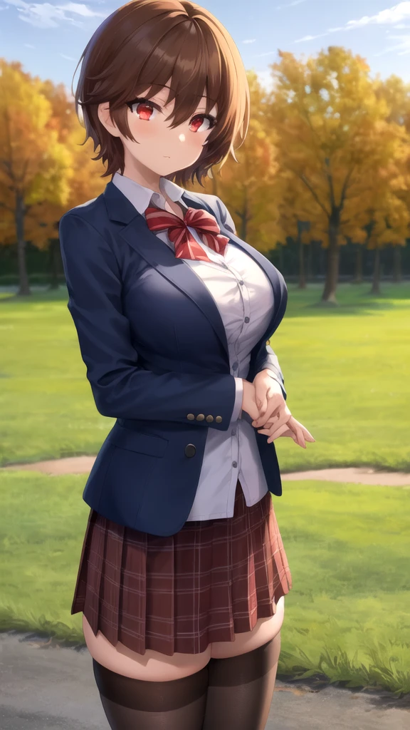 masterpiece, best quality, high quality, girl, solo, looking at viewer, keyaru_kaifuku_jutsushi, brown hair, red eyes, hair between eyes, large breasts, red bow, striped bow, blazer, blue jacket, long sleeves, plaid skirt, Brown skirt, black thighhighs, outdoors, cowboy shot, standing, looking at viewer,