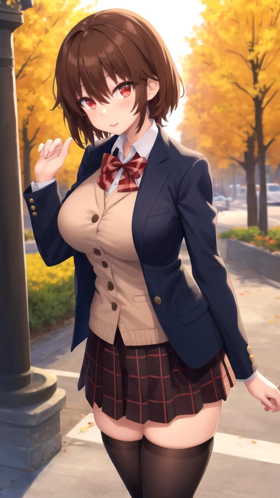 masterpiece, best quality, high quality, girl, solo, looking at viewer, keyaru_kaifuku_jutsushi, brown hair, red eyes, hair between eyes, large breasts, red bow, striped bow, blazer, blue jacket, long sleeves, plaid skirt, Brown skirt, black thighhighs, outdoors, cowboy shot, standing, looking at viewer,