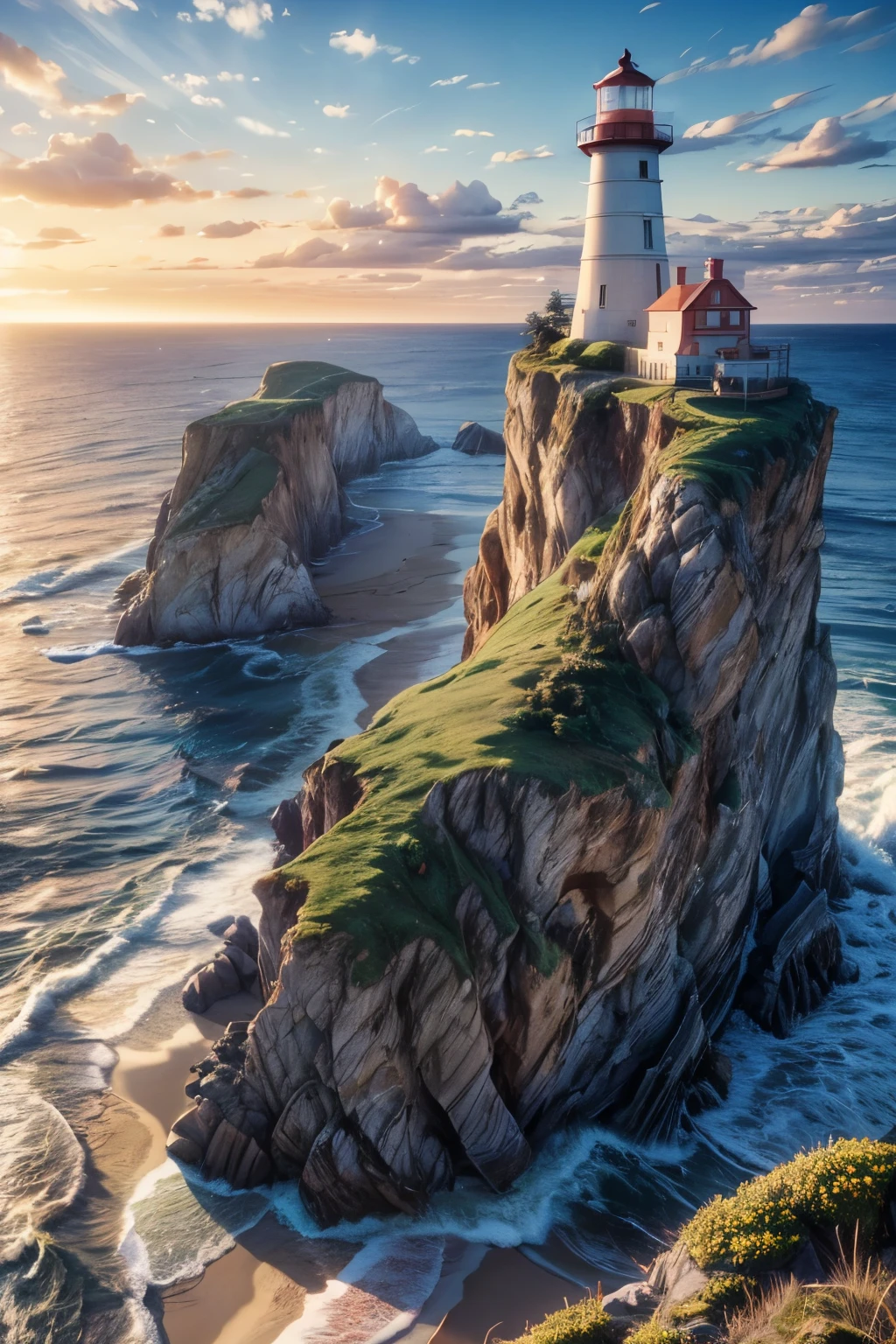 a beautiful lighthouse on a rocky cliff overlooking the ocean, dramatic waves crashing against the rocks, clear blue sky with fluffy clouds, golden afternoon sunlight, seagulls flying overhead, a peaceful seaside landscape, detailed realistic 4k, photorealistic, highly detailed, intricate, cinematic lighting, vibrant colors, (best quality,4k,8k,highres,masterpiece:1.2),ultra-detailed,(realistic,photorealistic,photo-realistic:1.37)