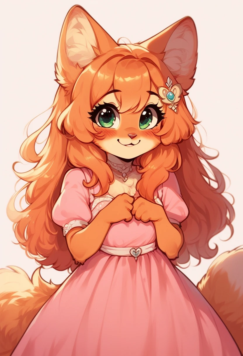 score_9, score_8_up, score_7_up,1girl, Cute fox, Chibi fox, , cute girl, furry, face similar to Diane Foxington, with hair, long hair, blonde hair, ginger fur, pink dress, princess dress, hair ornament, blush, smiling, shy, shy pose, hands backwards