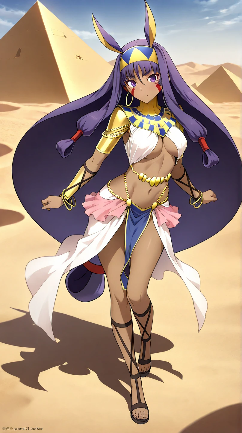 high resolution, masterpiece, necessary, detail, best quality, quality, necessary, details, High details, Precise, full body
 
1girl, ufotable style, ufotable anime, 

Nitocris, nitocris (fate), nitocris Fate Grand Order, fate,  Fate Grand Order, long hair, purple hair, purple eyes, tan skin, animal ears,

sand, desert, pyramid, sum