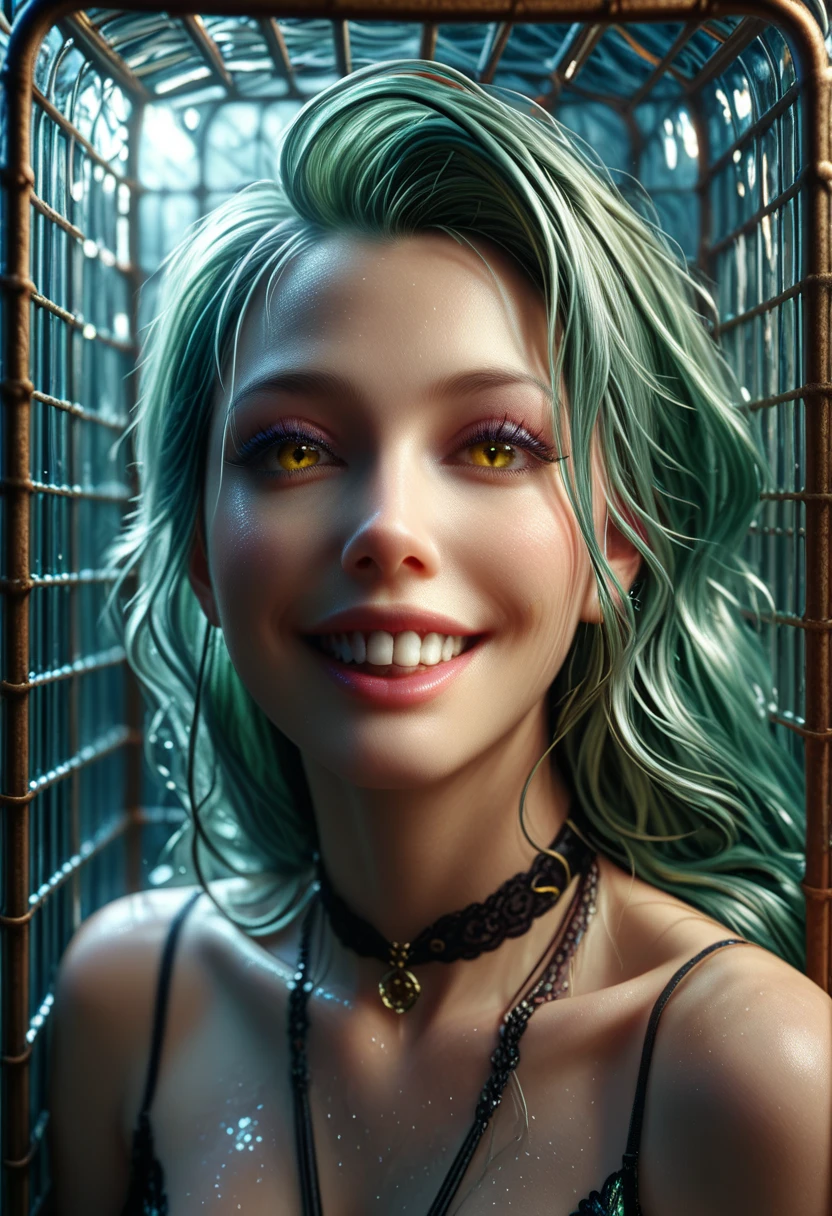 a stunning mermaid with long nails, vibrant yellow neon eyes, and shimmering scales, trapped in a cage of ropes, surrounded by the vast ocean, another mermaid laughing sarcastically at her captive predicament, detailed portrait, dramatic lighting, moody colors, cinematic, hyperrealistic, 8k, masterpiece