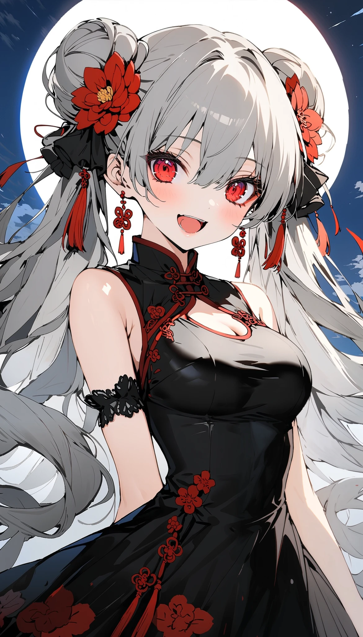 Anime girl with long white hair and red eyes in a black dress - SeaArt AI