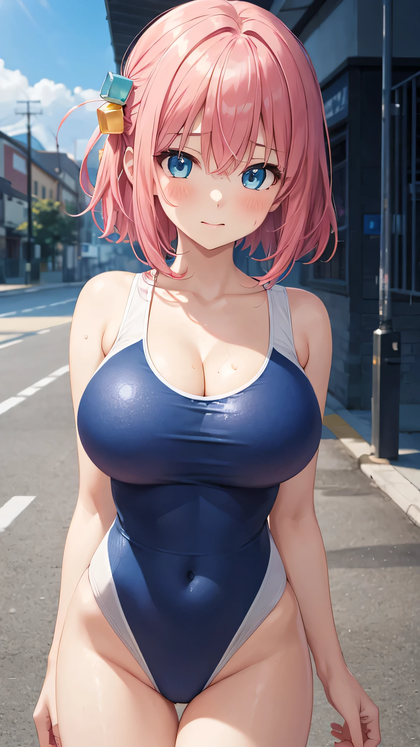 masterpiece, great quality, ultra detail, illustration, game cg, 1girl, solo, (Gotoh Hitori), collarbone, cleavage, blush, pink hair, cube hair ornament, blue eyes, large breast, outside, (blue one-piece swimsuit), 