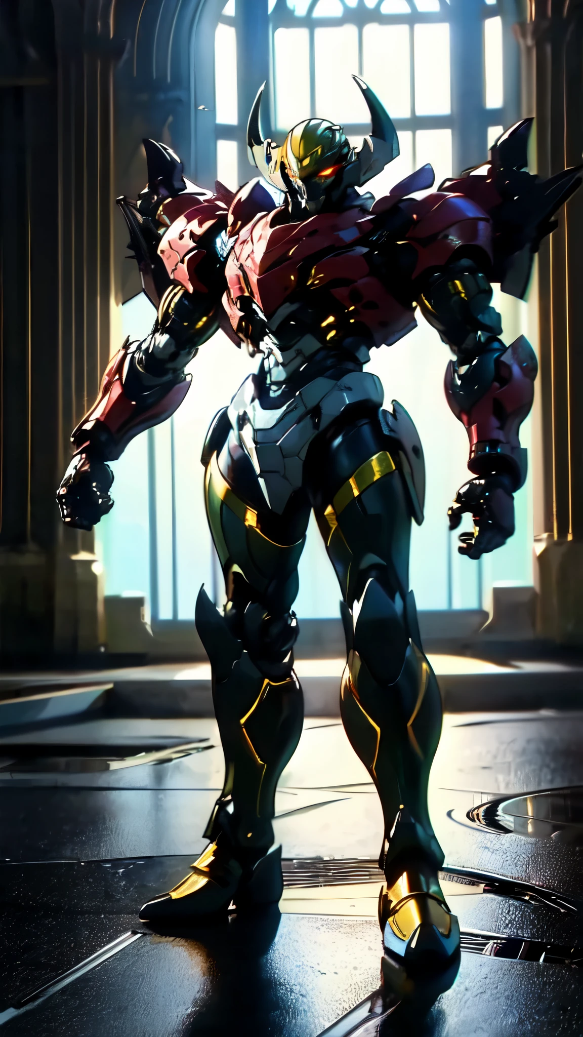 (masterpiece:1.5, best quality:1.5, extremely delicate:1.5), ((male:1.5)), a man wearing a full-face helmet, high-tech biomimetic armored combat suit, (a composite layered chest armor), the design balances heavy with agility, fully enclosed shoulder guards, matching arm and leg guards, a belt of gemstone, (the color scheme is primarily Yellow with Red and Purple accents, Organic Biotech, Concept Inspired by Vampire, glowing eyes, armor glows, huge cloak like devil wings, blood), stand of a futuristic sci-fi city, this character embodies a finely crafted fantasy-style armored hero in anime style, exquisite and mature art style, metallic, high definition, highres, ultra-detailed, ultra-fine painting, professional, perfect body proportions, golden ratio, anatomically correct, symmetrical face, extremely detailed eyes and face, high quality eyes, creativity, RAW photo, UHD, 32k, Natural light, cinematic lighting, (masterpiece-anatomy-perfect:1.2)