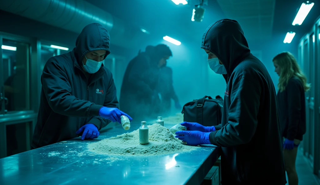 A side-angle shot captures the action at the metal table. On the right, two masked and gloved workers sit focused on packing small glass vials with flour, their movements precise and synchronized. The first worker scoops flour into a vial, her cobalt blue latex gloves glowing faintly under the dim cyan lighting, while the second seals it. Both wear black COVID masks and matching navy lace underwear, their toned figures highlighted by the blue-tinted backlighting. On the left, slightly blurred in the background, the platinum blonde and chestnut-haired models walk side by side, carrying the black **Louis Vuitton Keepall Bandoulière 55 duffle bag**. The mist swirls softly at their feet, and the polished floor reflects the dim glow of the overhead lights.