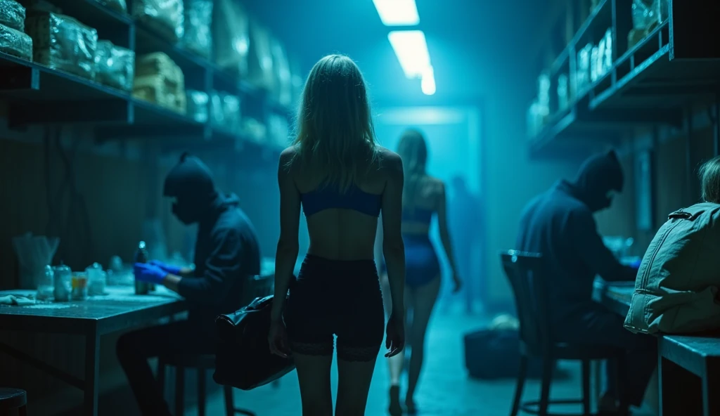 A close-up shot from behind captures the platinum blonde and chestnut-haired models walking away, their toned figures clad in cobalt satin halter crop tops, high-waisted navy leather shorts, and lace-top navy stockings. The sleek black duffle bag swings lightly at their sides, reflecting the faint blue glow of the dim lighting. To the right, slightly blurred in the foreground, two masked and gloved workers sit at a metal table packing vials of flour, their black COVID masks and cobalt blue latex gloves glowing softly under the cyan backlighting. The shelves filled with cash, gold bars, and marijuana bags line the misty hallway, amplifying the cinematic tension.