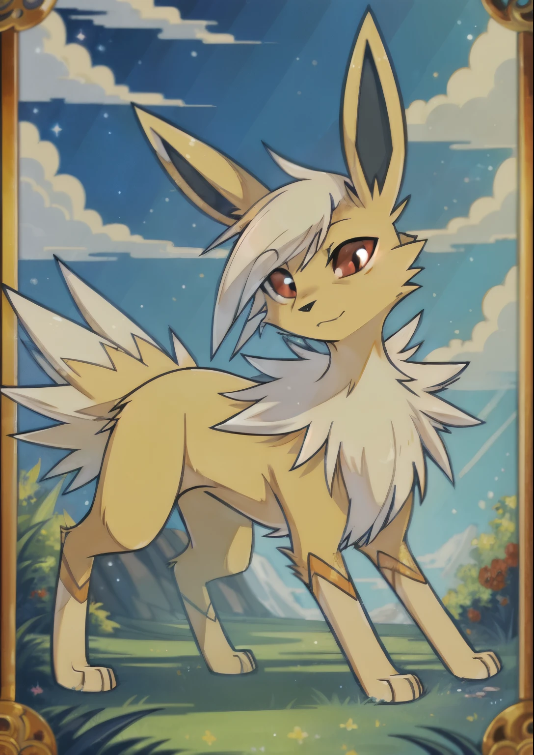 (Masterpiece, Best Quality, Highres:1.4), (anthro) Detailed, Intricate Details, 4K, (Pokémon), (jolteon), (furry) extremely detailed fur, red eyes, best quality, hair. style hair, tail, (2 ears), good anatomy, looking at the viewer,naked