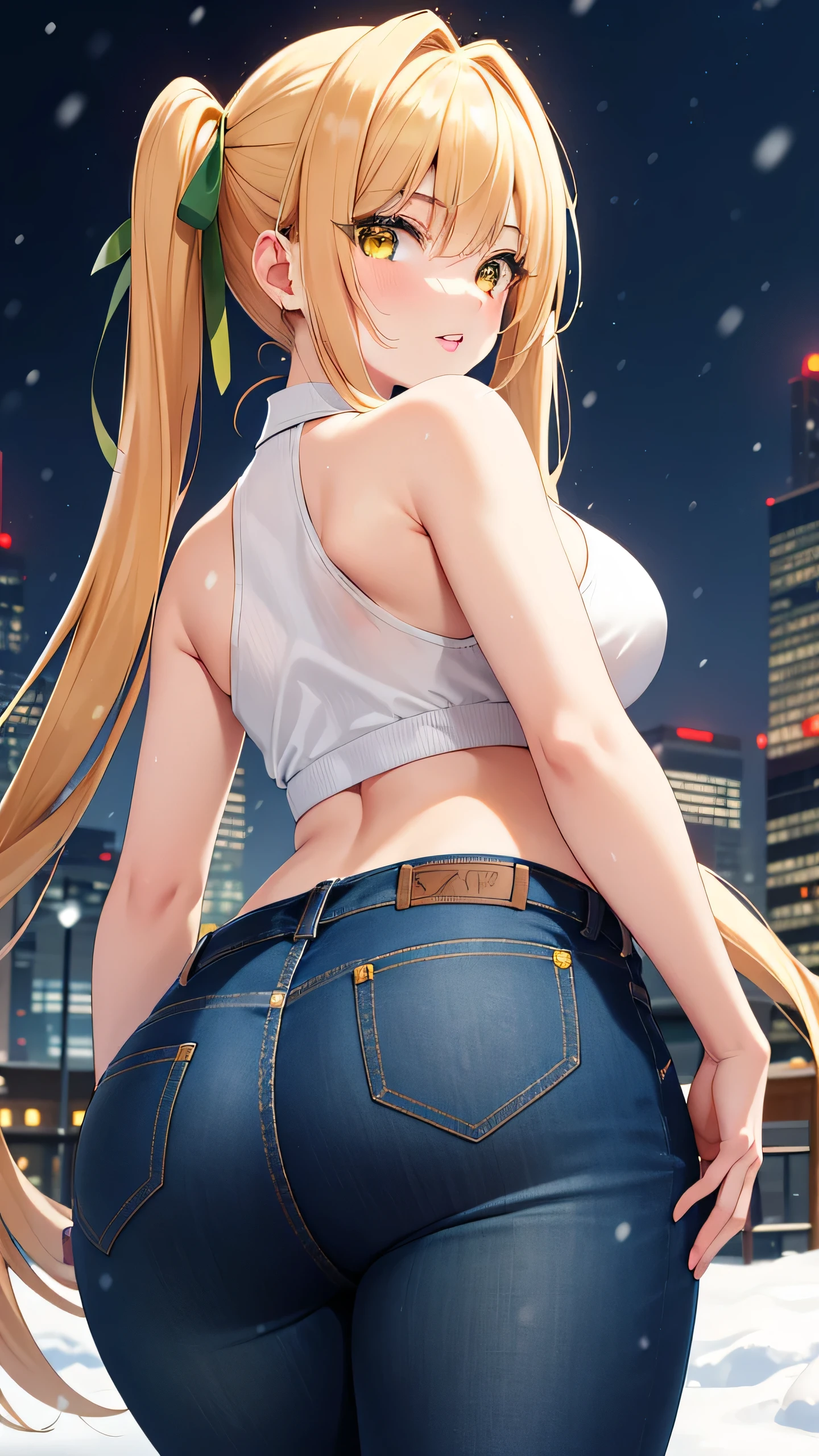 masterpiece, best quality, highly detailed, ultra high res, karane inda 1girl, solo, long hair, bangs, blonde hair, twintails, very long hair, green hair ribbon, (yellow eyes:1.3), low twintails, glossy lips, full lips, city, winter, snow, halter top, jeans, looking back at viewer