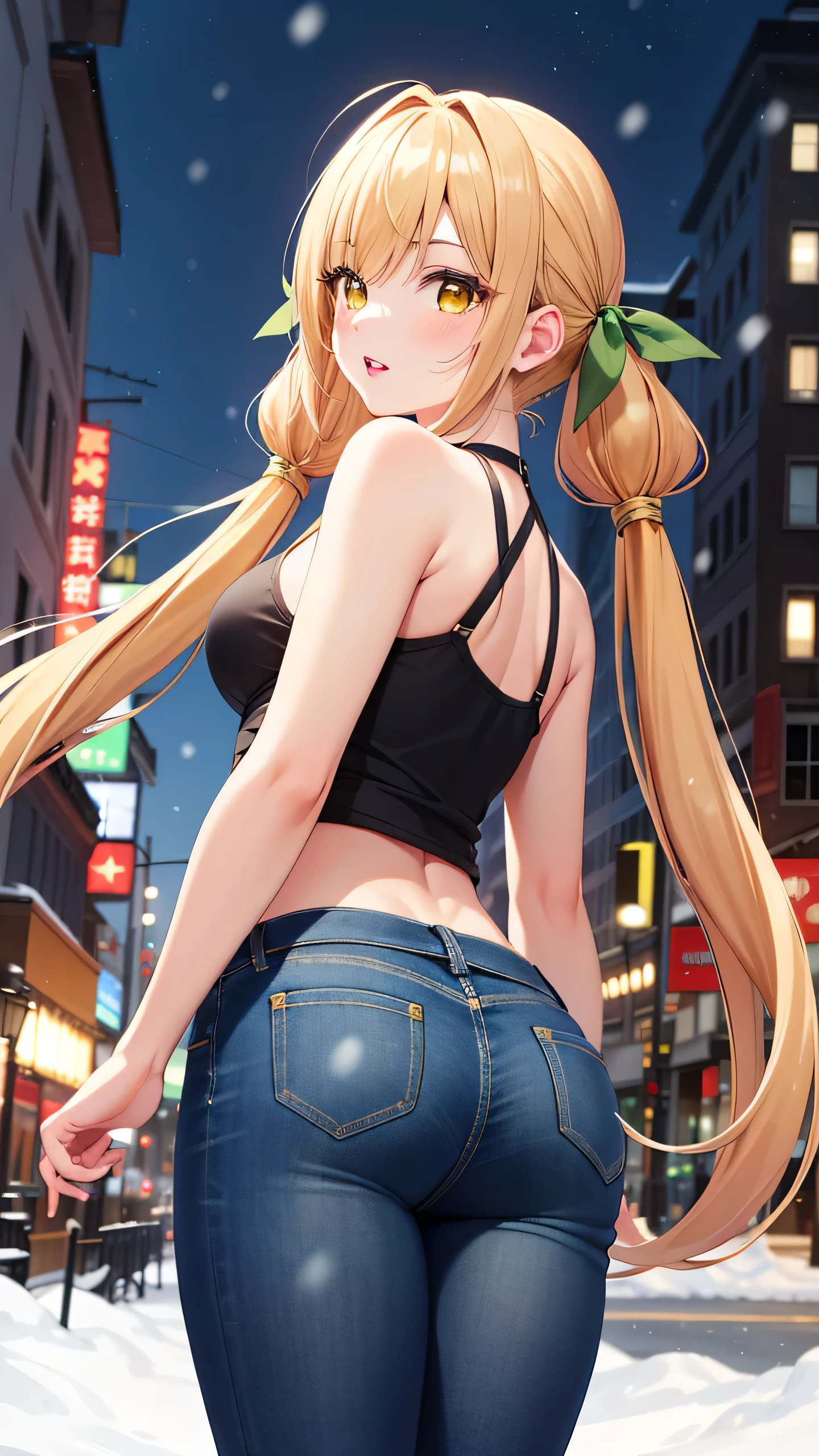 masterpiece, best quality, highly detailed, ultra high res, karane inda 1girl, solo, long hair, bangs, blonde hair, twintails, very long hair, green hair ribbon, (yellow eyes:1.3), low twintails, glossy lips, full lips, city, winter, snow, halter top, jeans, looking back at viewer