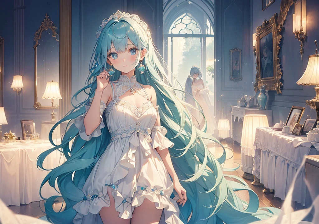 woman with long turquoise hair, a solemn expression, white dress, hurt