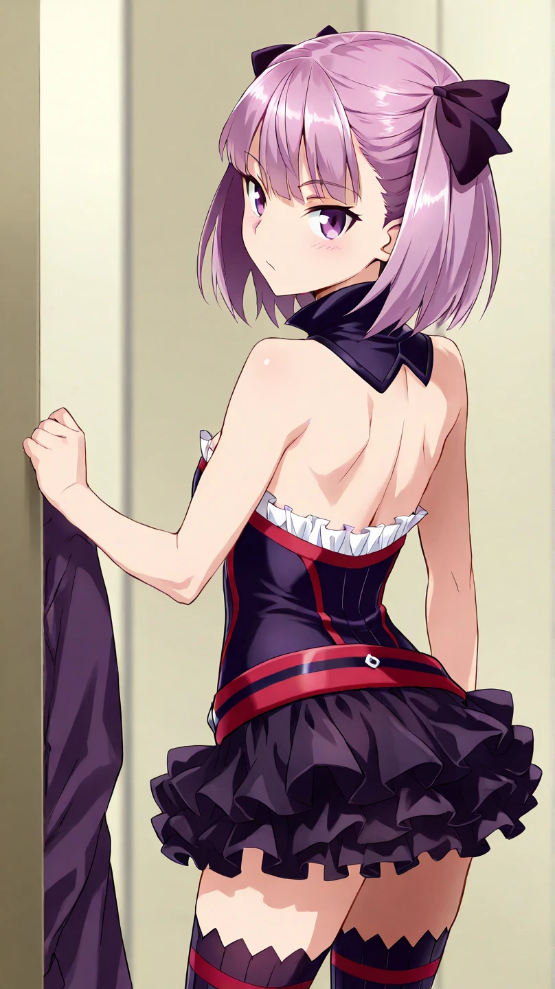 high resolution, masterpiece, necessary, detail, best quality, quality, necessary, tall details, High details, precise, general plan

1 girl, Ufotable style, ufotable anime, back, 

Helena Blavatsky (Fate), Helena Blavatsky fate grand order, fate, fate grand order, short hair, purple hair, purple eyes, purple dress, small breasts, long stockings, short skirt,